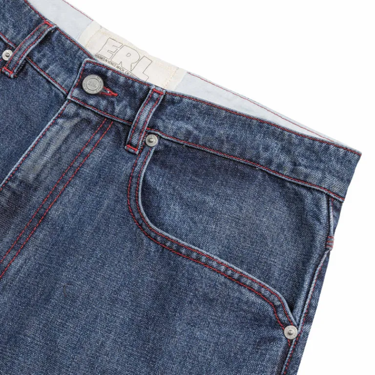 ERL Pantalons*Baggy Indiana Distressed Jeans Woven Dirty Blue