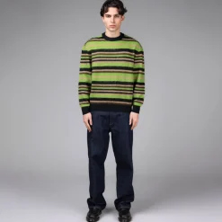 Metalwood Tricot|Pullover*Striped Mohair Knit Sweater Dark Green