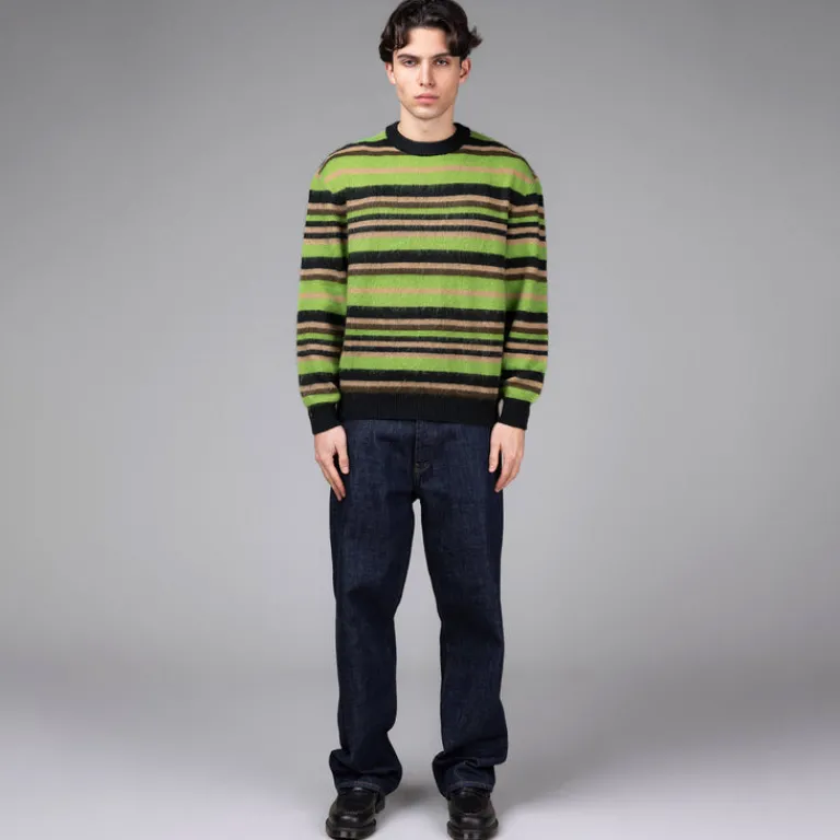 Metalwood Tricot|Pullover*Striped Mohair Knit Sweater Dark Green