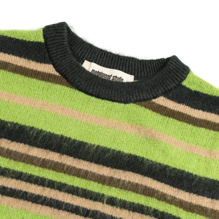 Metalwood Tricot|Pullover*Striped Mohair Knit Sweater Dark Green