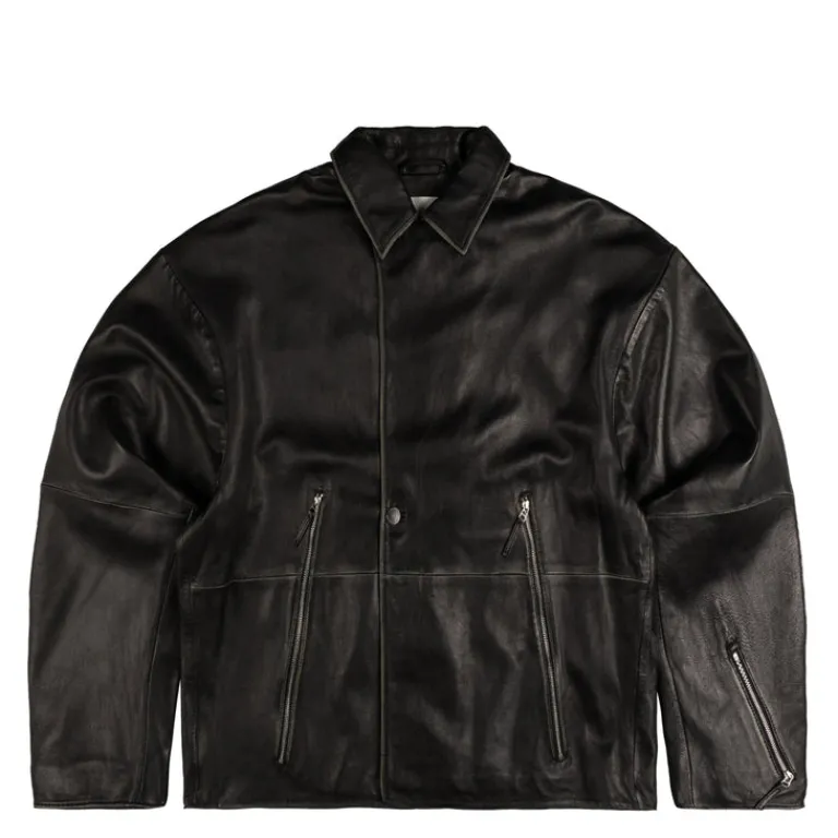 New Amsterdam Surf Association Gilets*Leather Jacket Boxy Fit Washed Black