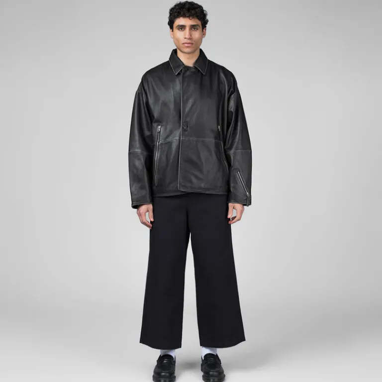New Amsterdam Surf Association Gilets*Leather Jacket Boxy Fit Washed Black