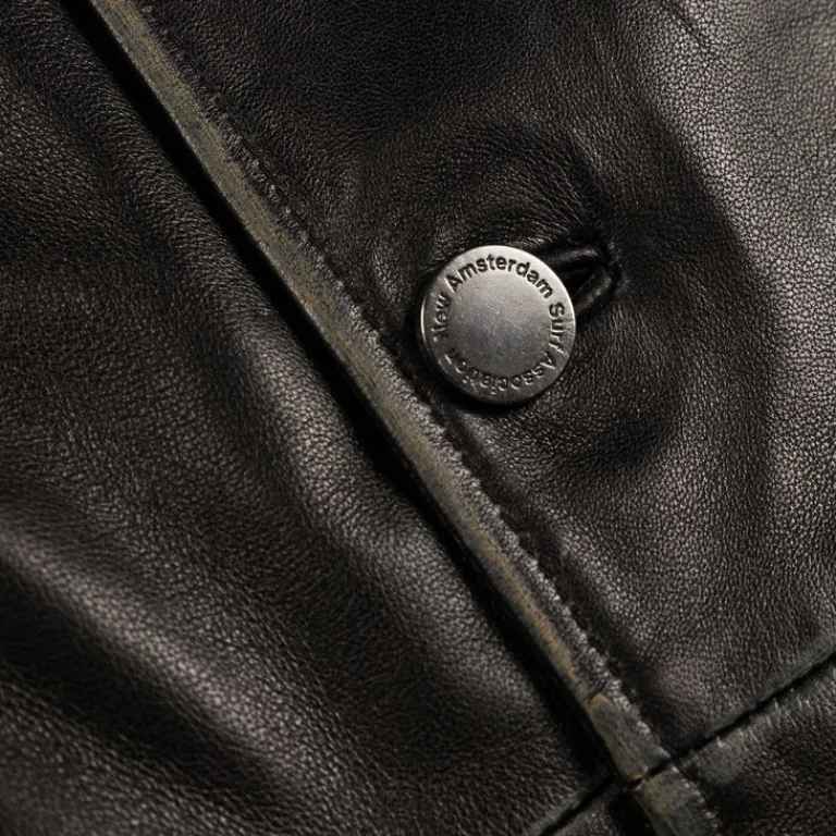 New Amsterdam Surf Association Gilets*Leather Jacket Boxy Fit Washed Black