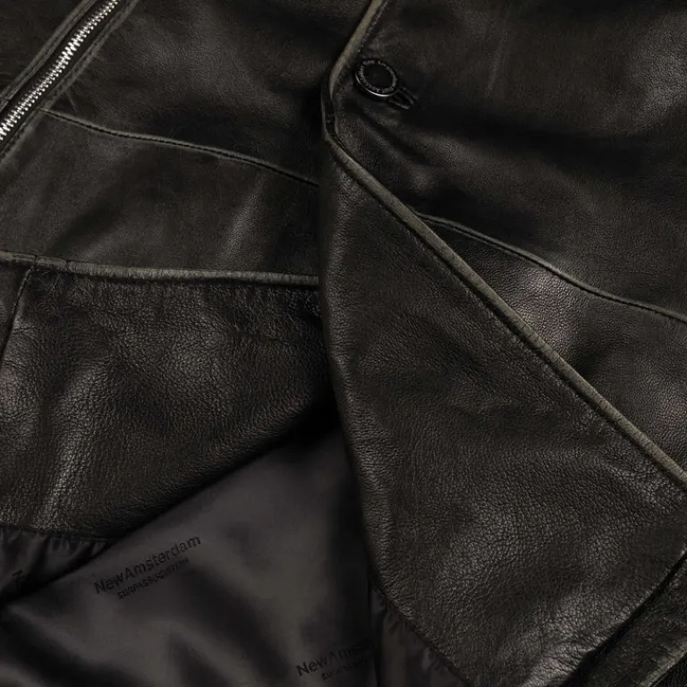 New Amsterdam Surf Association Gilets*Leather Jacket Boxy Fit Washed Black