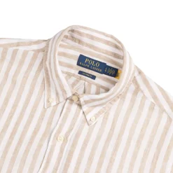Polo Ralph Lauren Chemises*Custom Fit Striped Linen Shirt Coastal Beige / White