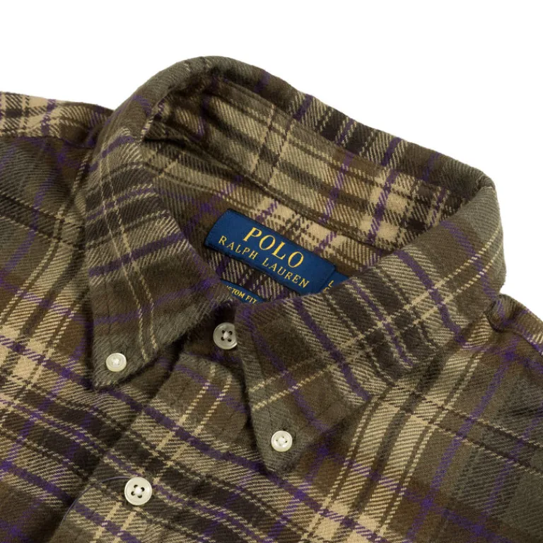 Polo Ralph Lauren Chemises*Custom Fit Plaid Brushed Flannel Shirt Olive / Brown Multi